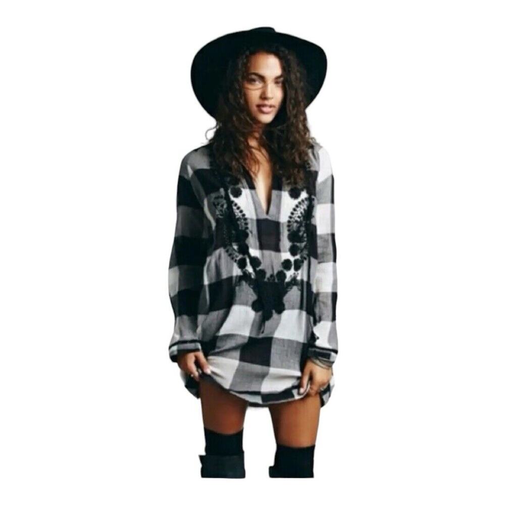 Free People Black and White Plaid Blouse